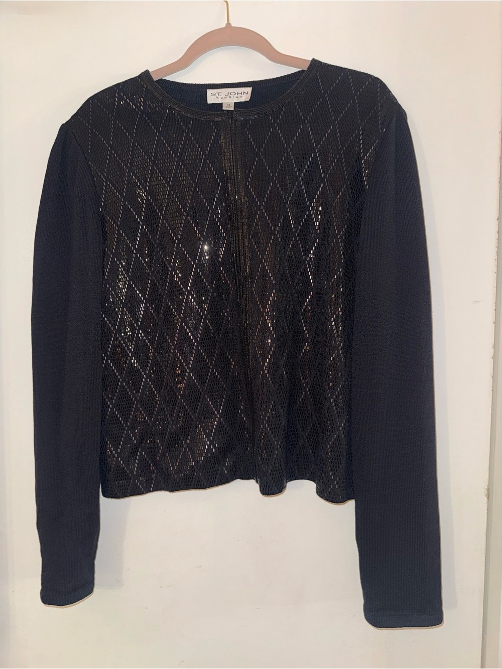 St. John Black Sequin-Front Knit Zip Cardigan